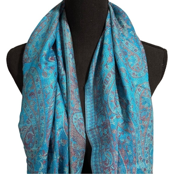 Elegant Shawl in Turquoise Blue Paisley - Versatile Wrap, Scarf, Veil Soft Rayon - Picture 9 of 16